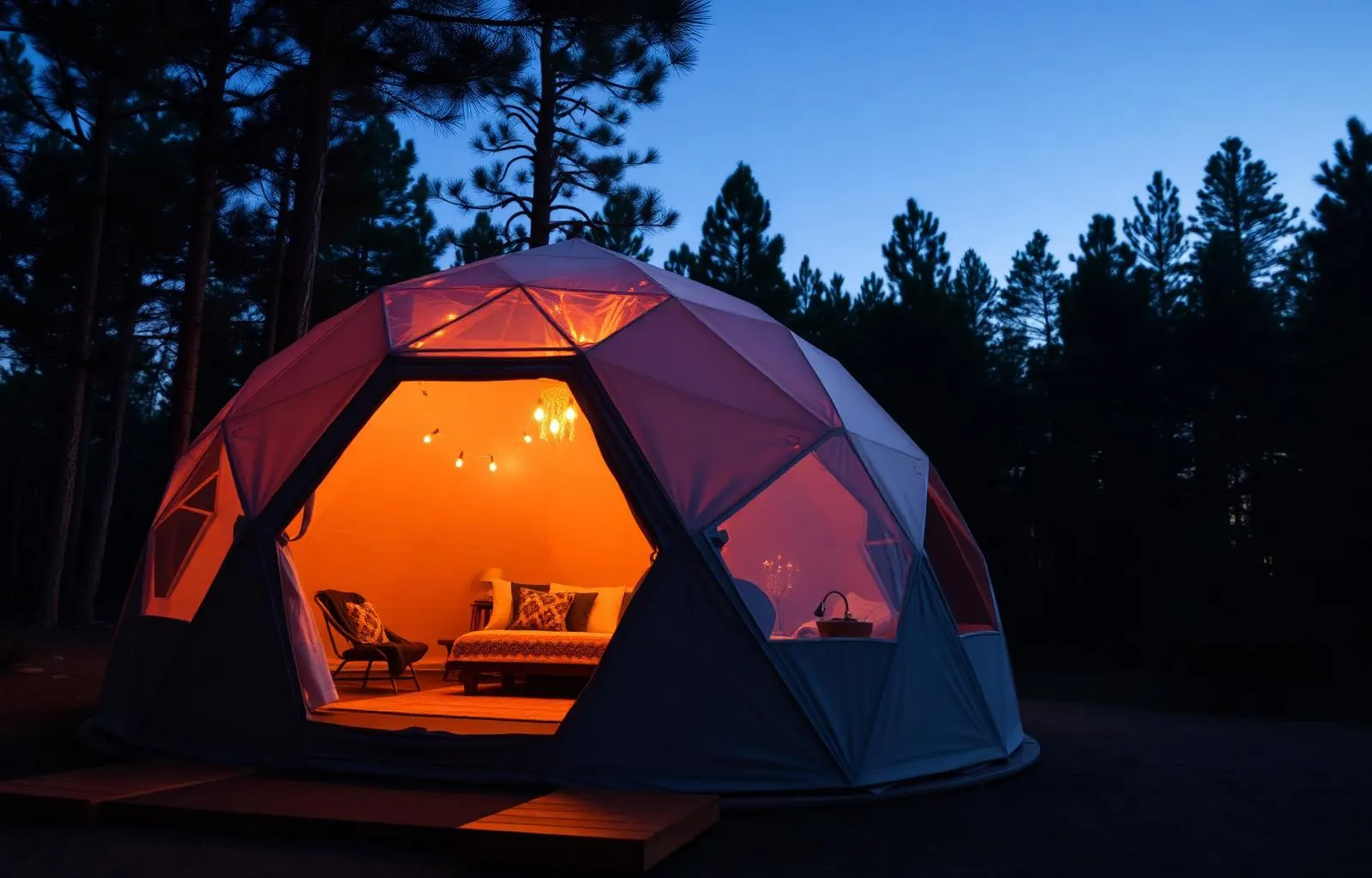 Glamping iluminado al atardecer en el bosque